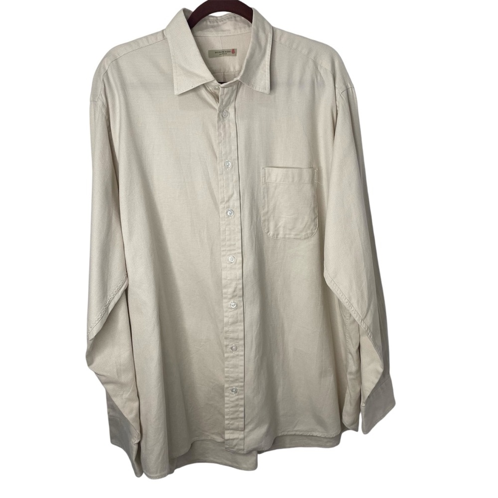 Burberry Men’s Button Down Up Shirt 17 Large Beige and White Check Long Sleeve